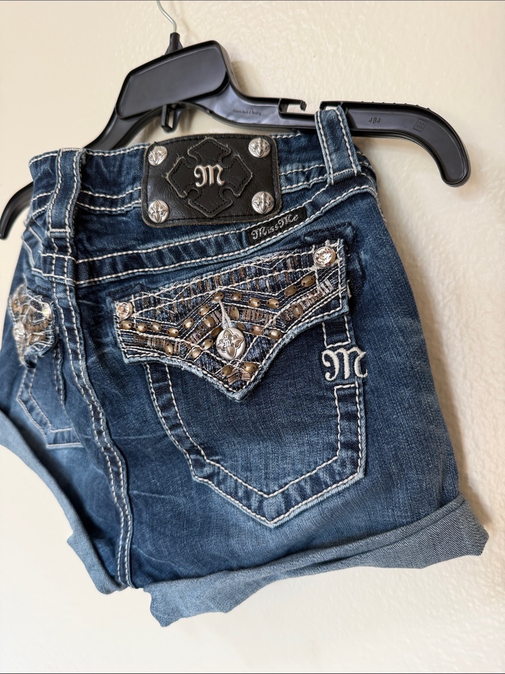 Vintage Y2K Miss Me Embellished Dark Blue Denim Daisy dukes Cuffed Shorts - Picture 2 of 7